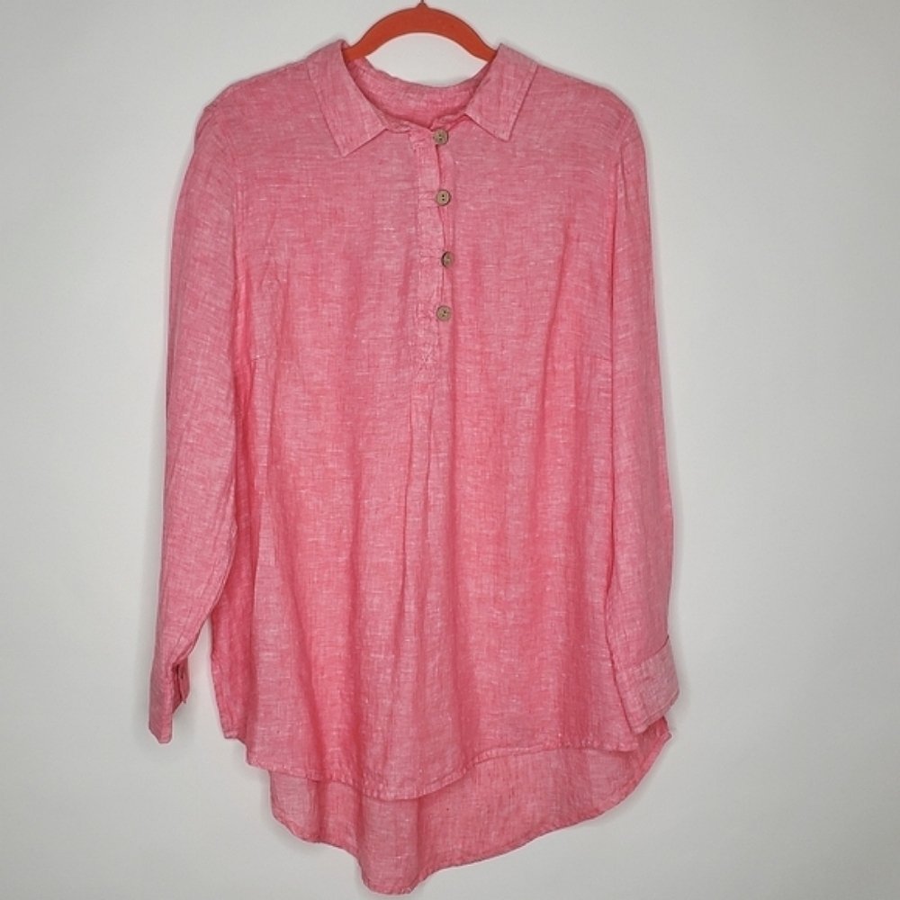 Sigrid Olsen Linen Tunic Size 1x Long Sleeve Pink… - image 1
